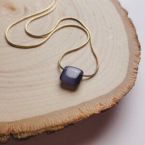 Lia Sophia Minimalist Navy Blue Catseye Square Bead Charm Gold Chain Necklace